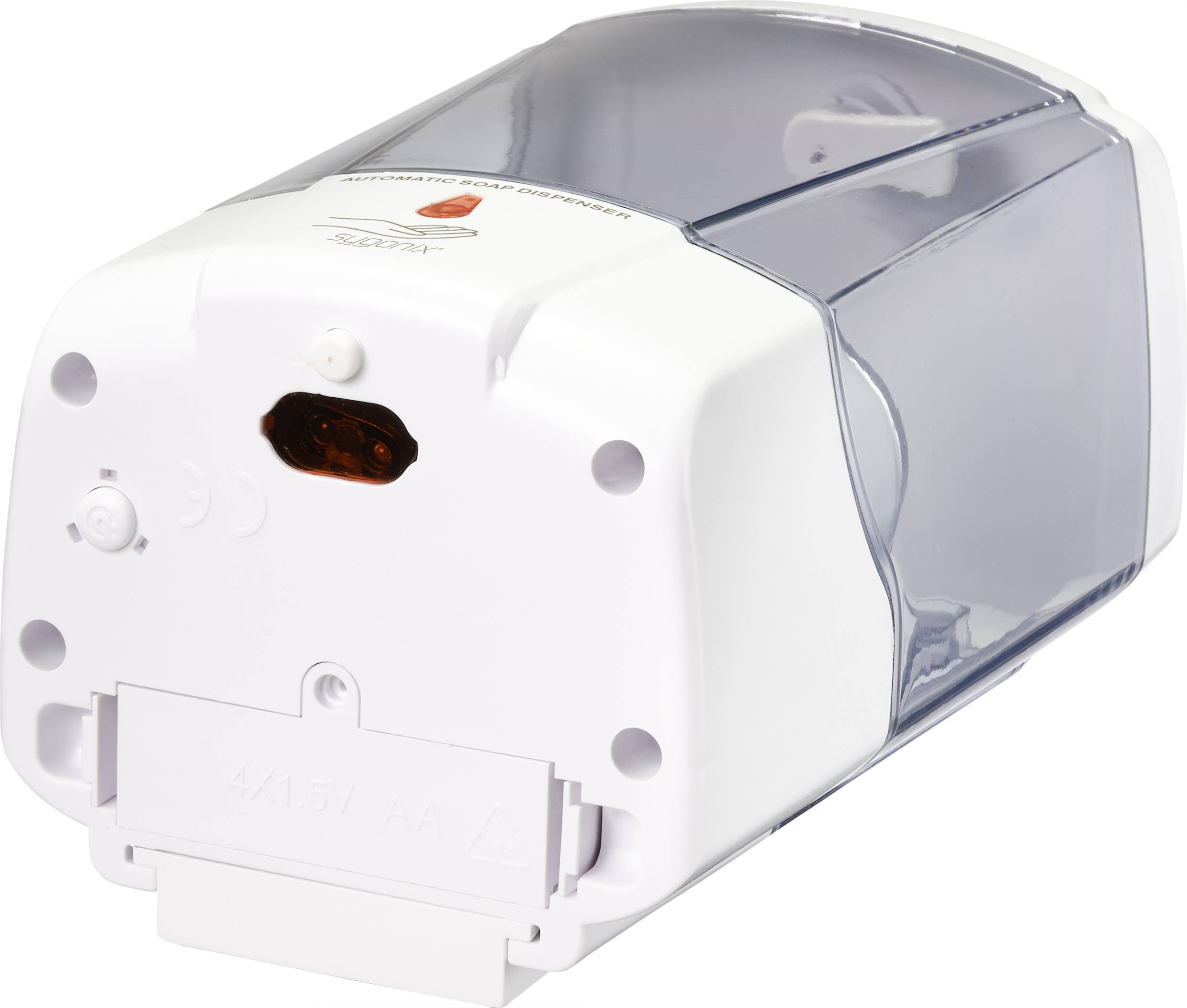 White plastic soap dispenser with transparent container. Mounted design suitable for wall installation.