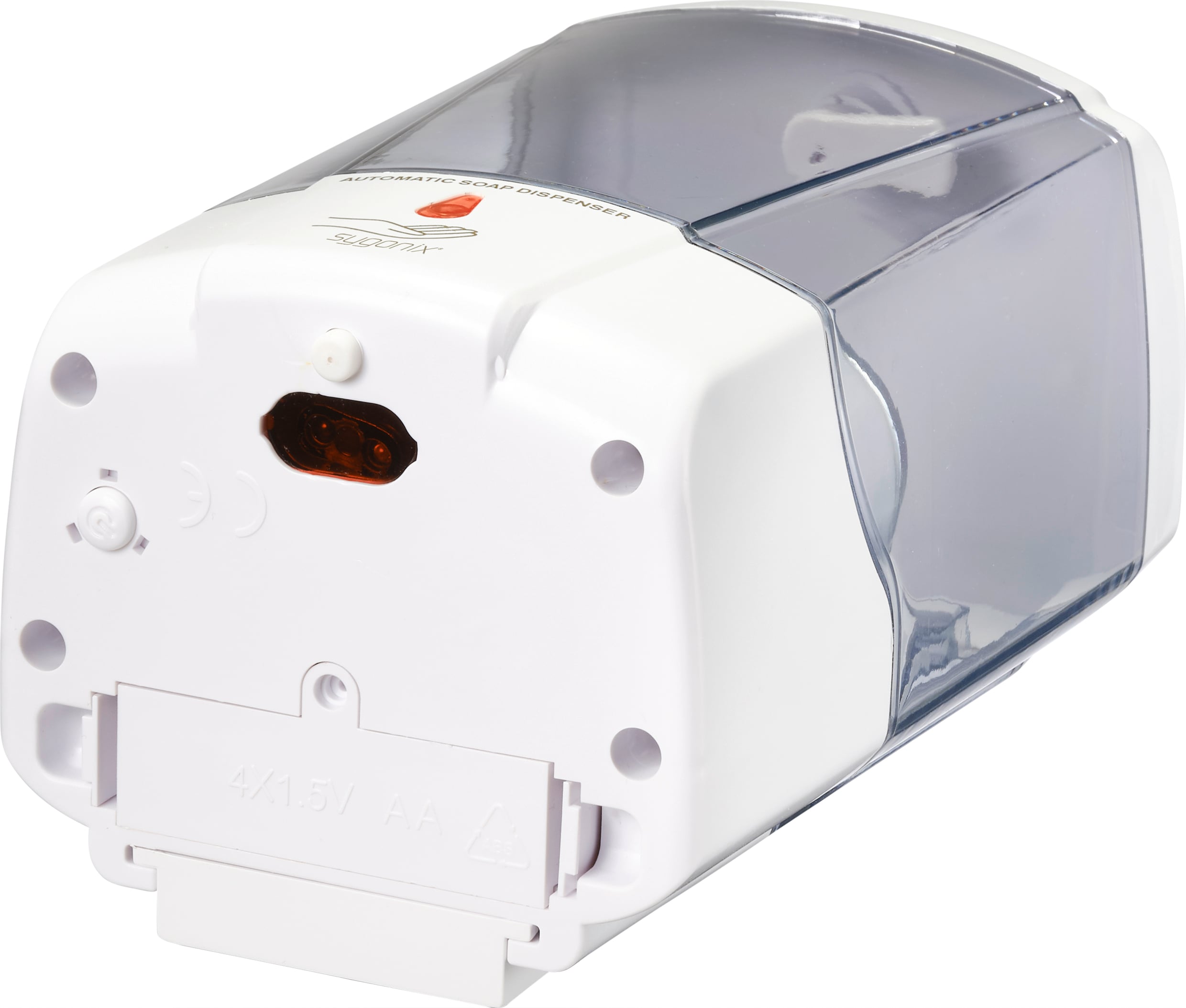 White plastic soap dispenser with transparent container. Mounted design suitable for wall installation.