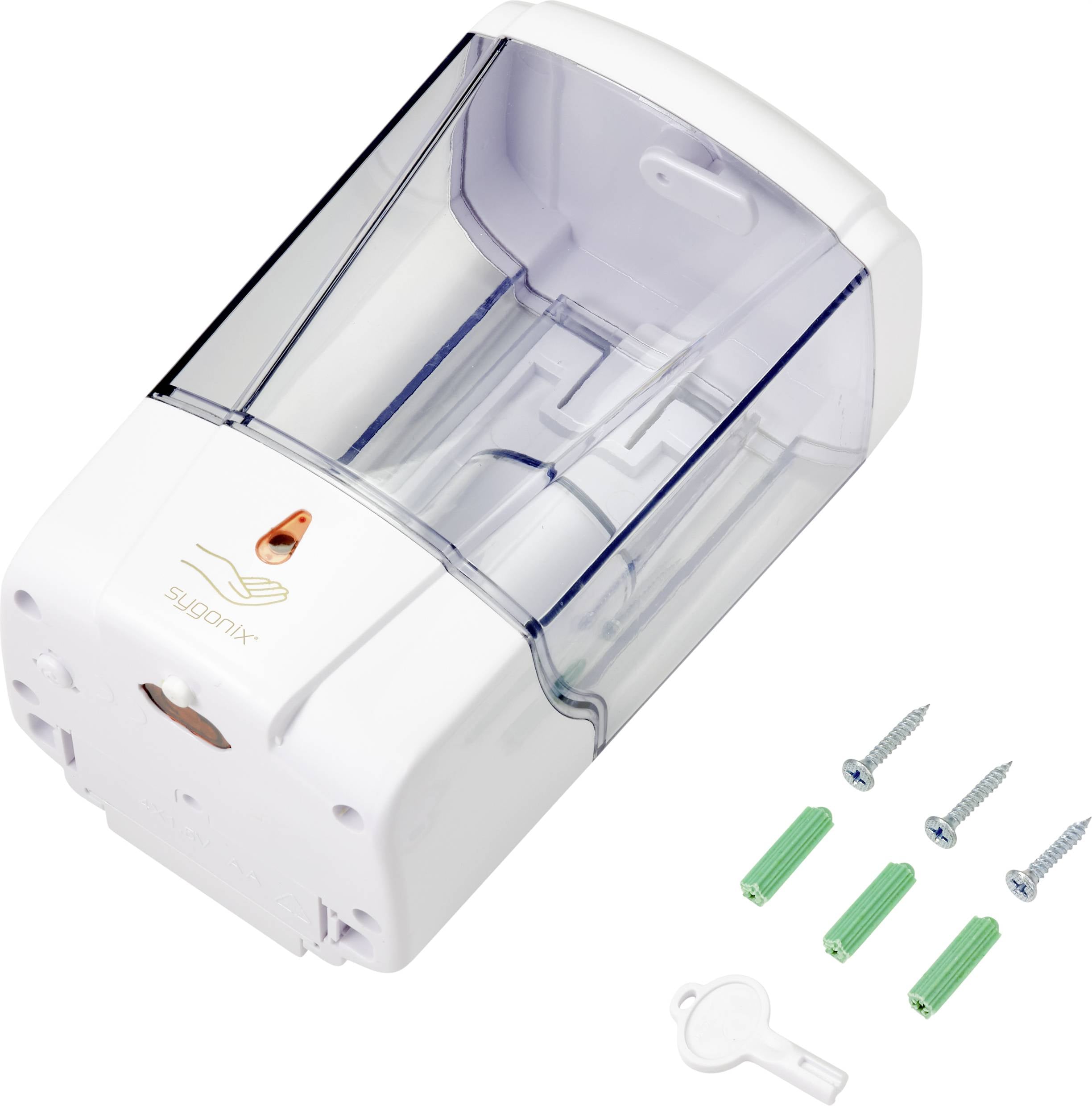 Wall-mounted soap dispenser with transparent cover for level indication, including fixing materials and key.