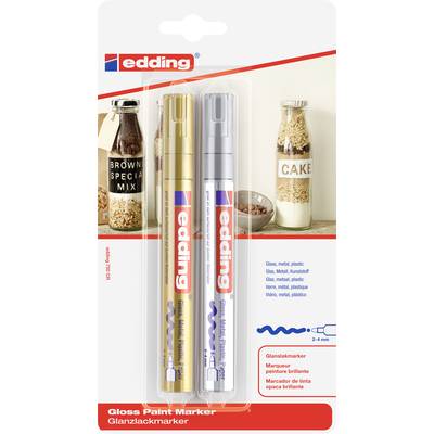 Two metallic paint markers by edding in gold and silver in packaging. Suitable for glass, metal and plastic.