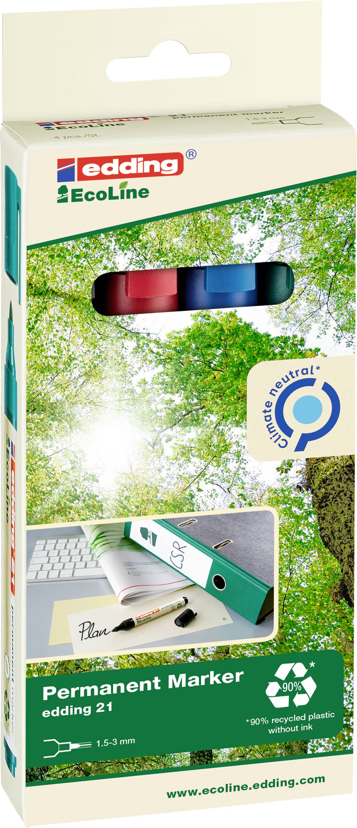 Packaging of edding Ecoline Permanent Markers in Red, Blue and Black, depicted against a green background with trees.