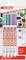 Packaging containing four edding 4085 chalk markers in Green, Blue, Pink and Purple. Suitable for smooth surfaces such as blackboards or glass.