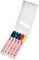 Five coloured whiteboard markers in an open box, colours: black, green, blue, red and yellow.