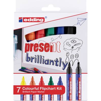 Seven colourful edding flipchart markers in Red, Yellow, Green, Blue and Black. Packaging inscribed with: "present brilliantly".