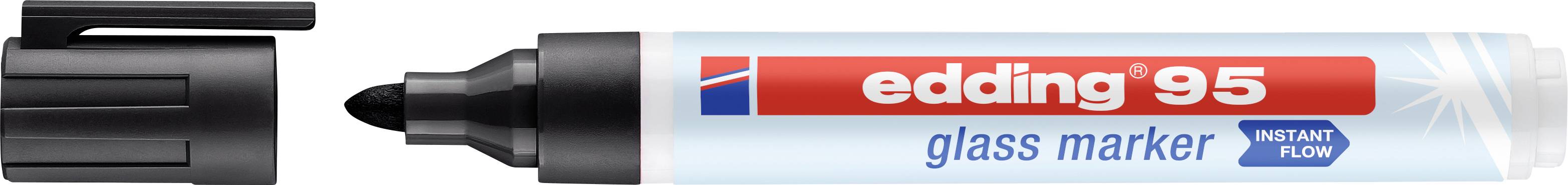 An opened black Edding-95 glass marker with a red, white, and blue label reading 'instant flow', set against a white background.