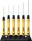 Six-piece set of yellow screwdrivers with black handles and holder for precision work, brand 'Wiha'.