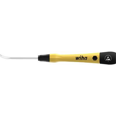 A yellow screwdriver with a curved metal end and black handle displays a brand logo on its side.