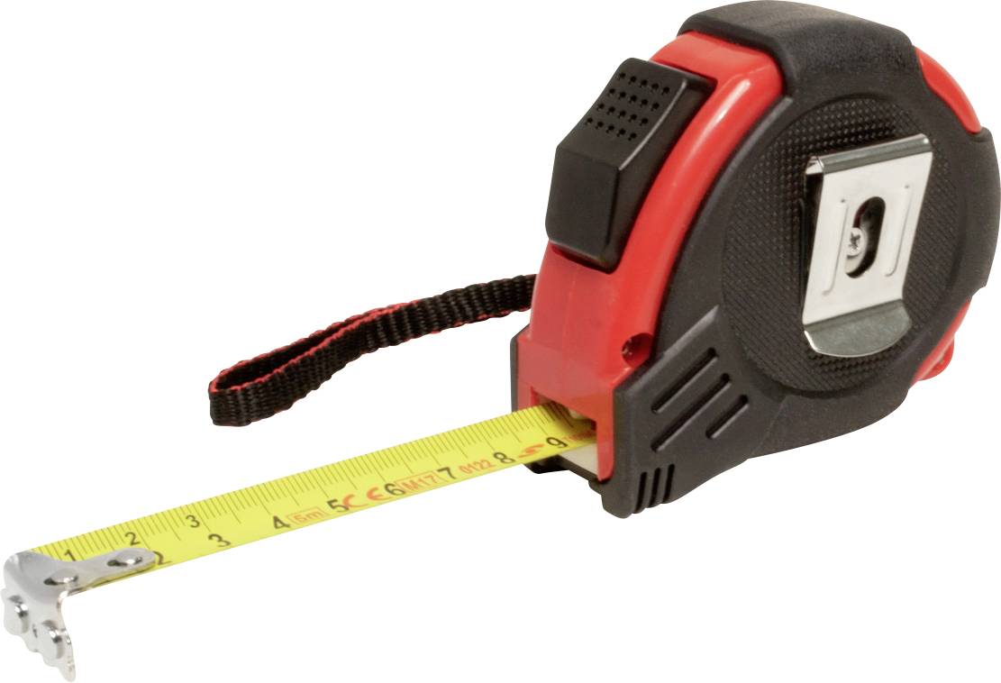 A red and black plastic measuring tape with a yellow, extended scale showing measurement numbers.