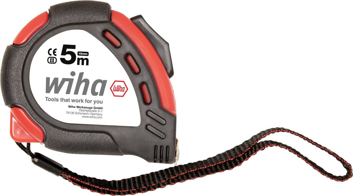 A black and red measuring tape with a 5-metre length. The inscription 'wiha - Tools that work for you' is visible on the side.