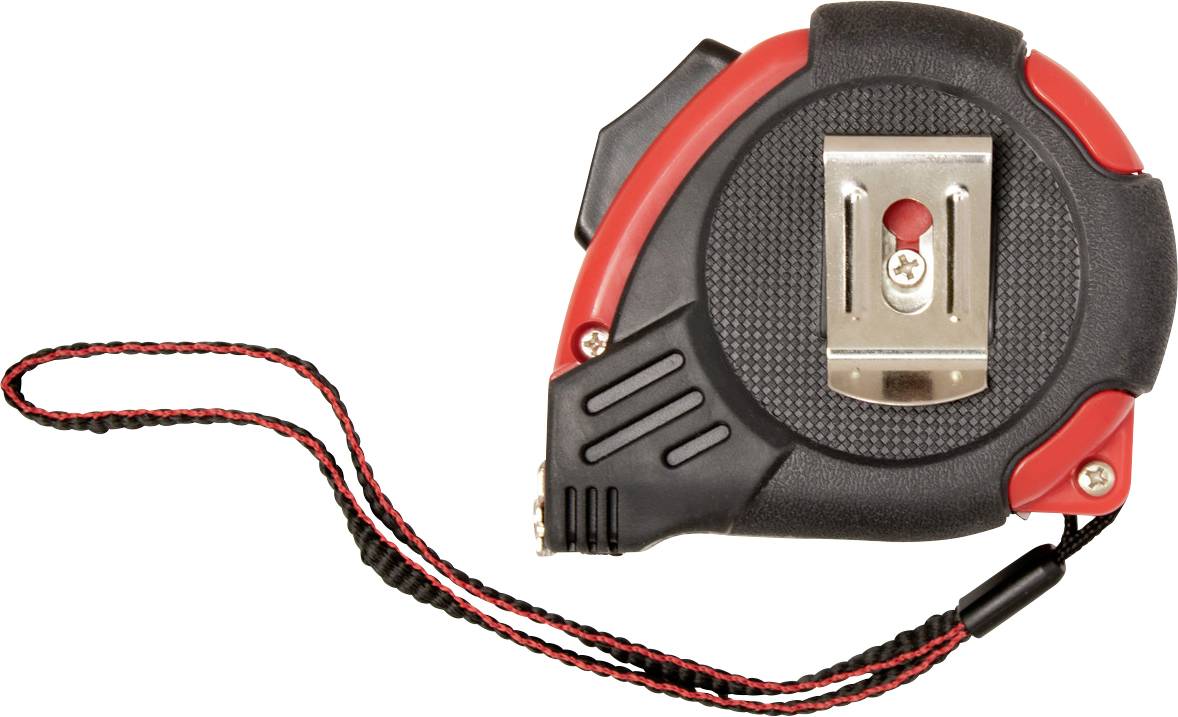 A red and black measuring tape with a hand loop, suitable for measuring lengths.