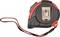 A red and black measuring tape with a hand loop, suitable for measuring lengths.