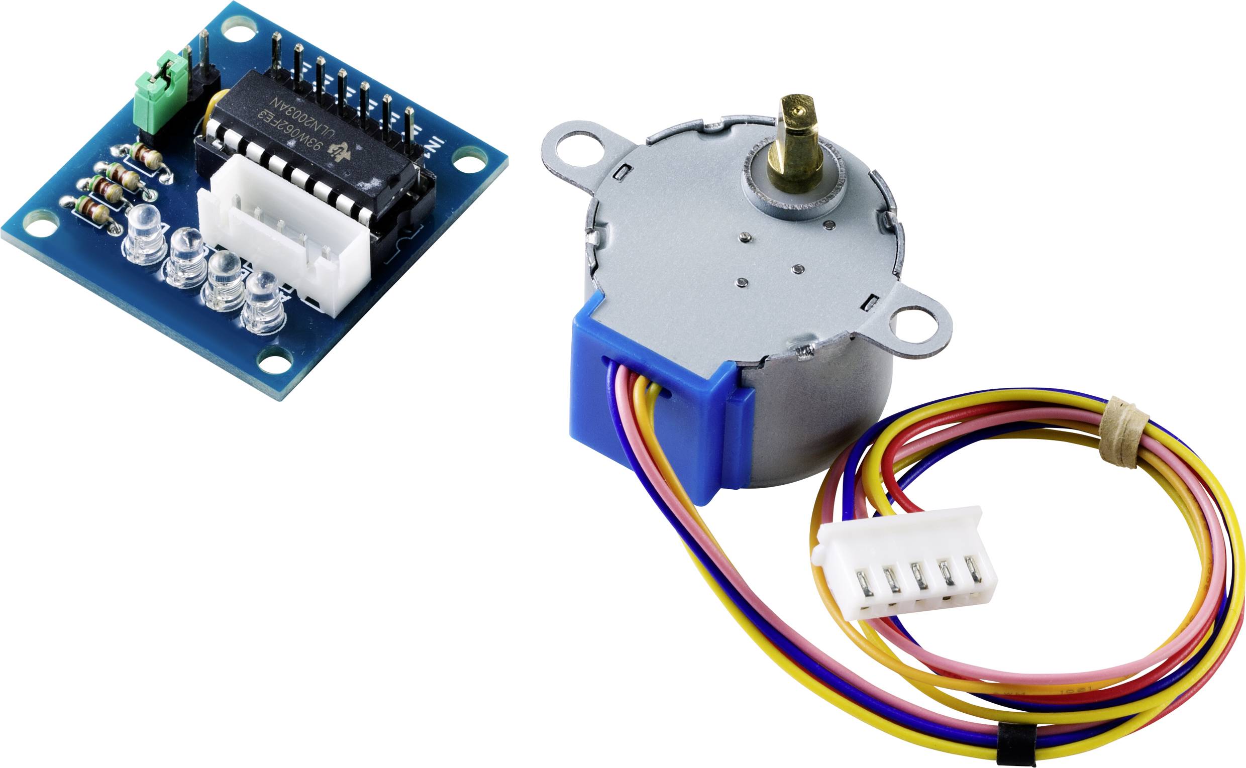 'Photo of a stepper motor with control board and cables. The motor is grey and the circuit board has various electronic components.'