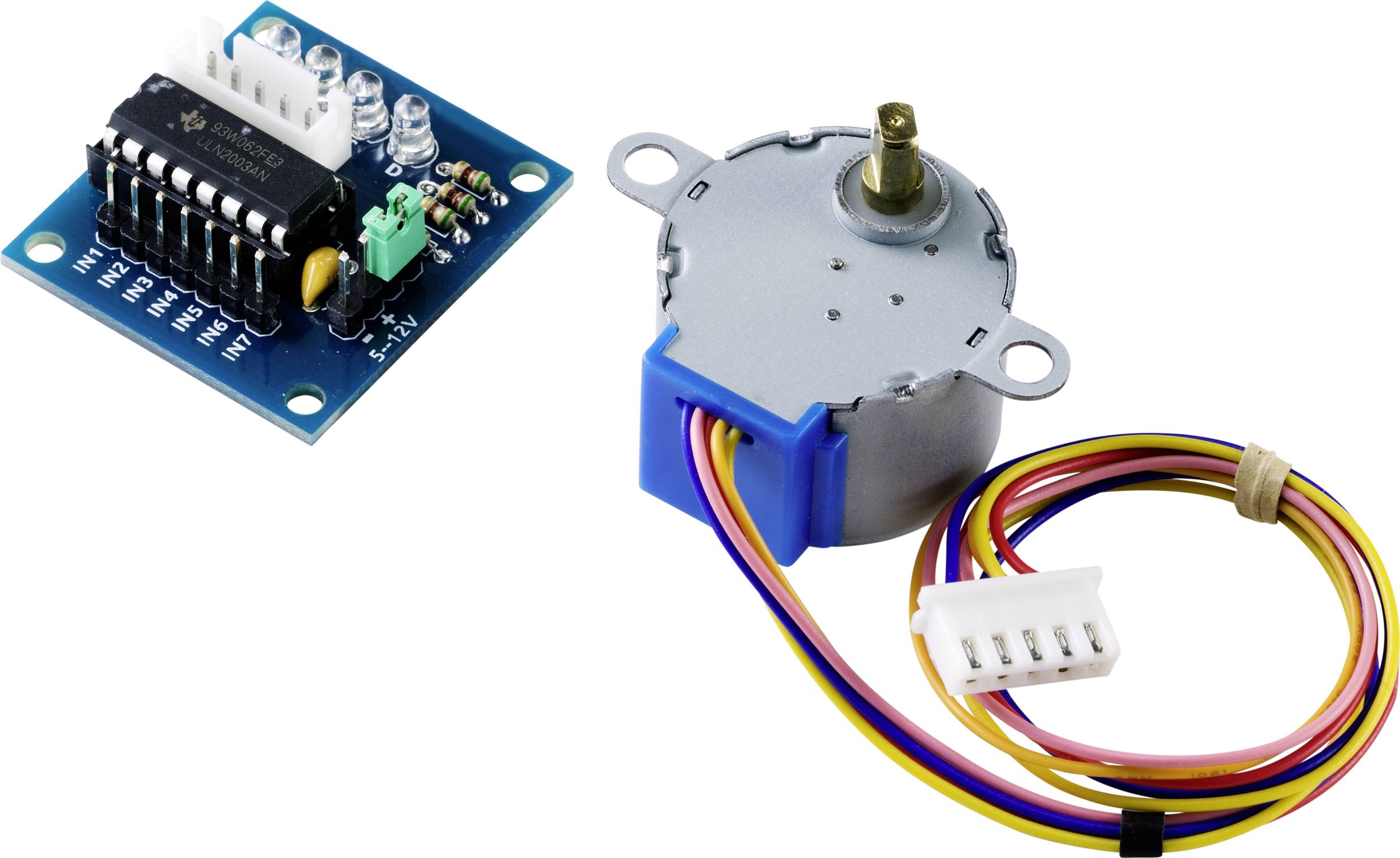 A small stepper motor with a compatible driver board and coloured connecting cables, suitable for electronics projects and robotics.