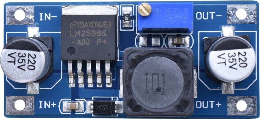 A voltage regulator module with a blue circuit board displays two large capacitors, an LM2596 chip, and a potentiometer for voltage adjustment.