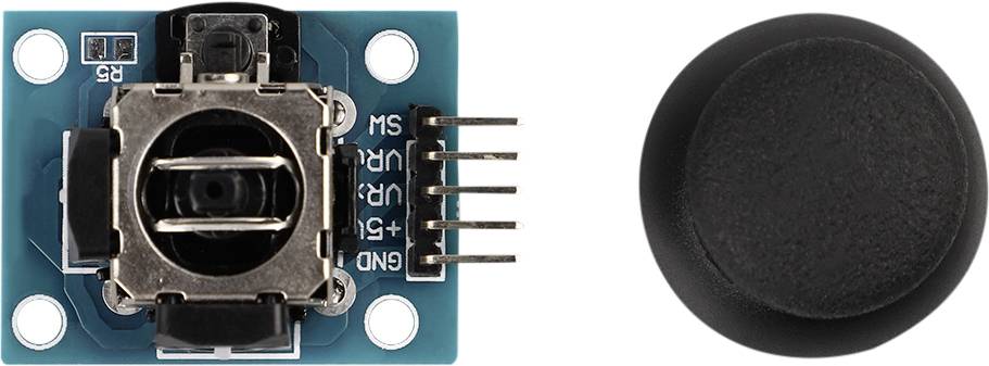'A module with a black analogue joystick, including plug contacts and mounting screws, on a blue circuit board.'