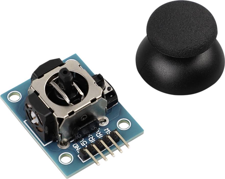 A joystick module with control lever and removable cap, suitable for electronics projects and microcontroller applications.