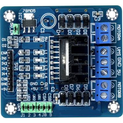 Top-down view of an electrical circuit module with a blue printed circuit board. Various electronic components and connectors are visible.