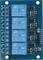 A blue relay module with four relays for electronic circuits, numbered from 1 to 4, with connections and labels for inputs.