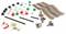 Electronic components including LED lights, resistors, switches, potentiometers and connectors on a white background.