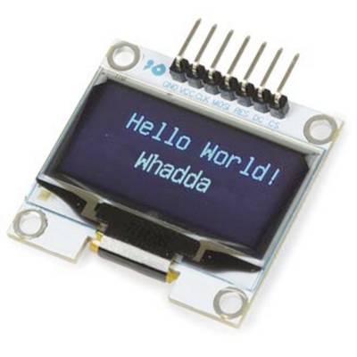 A small OLED display shows the message 'Hello World! Whadda'. The display is equipped with several pins for electronic connection.