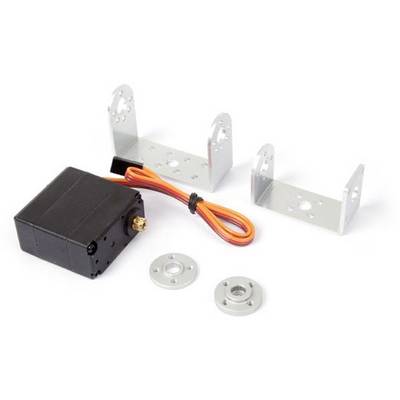 A black electric servo motor with an orange cable and several metal fixings used for mounting.