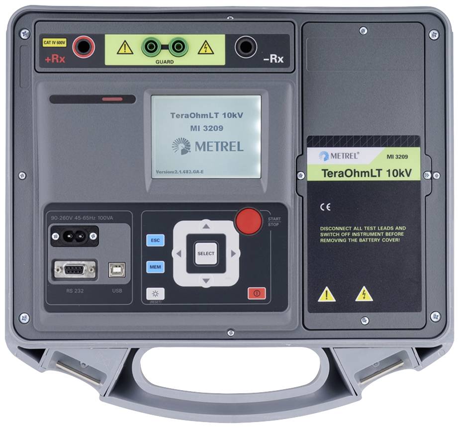 An electrical testing device with a display, buttons, and connections. Model 'TeraOhmLT 10kV MI 3209' by Metrel.