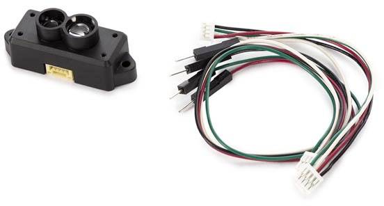 Ultrasonic sensor with two circular sensors and a cable set with coloured wires and connectors for attaching to the module.