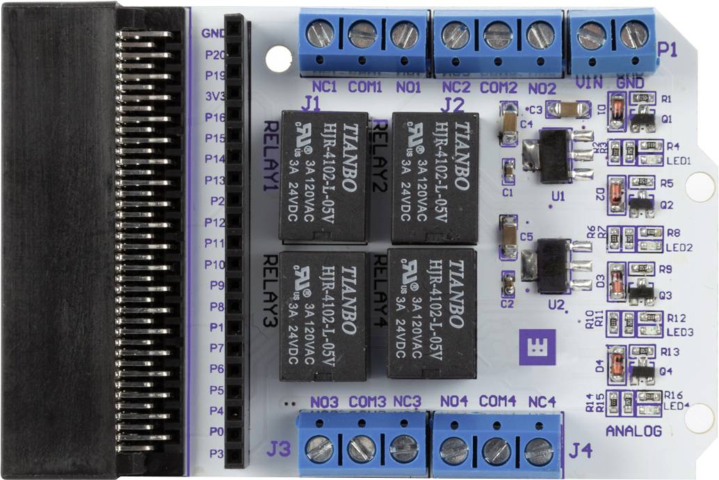 A blue relay card with three black relay modules, surrounded by blue terminal blocks and tracks on a printed circuit board.