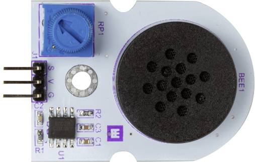 An electronic module with a blue rotary control, microphone, and solder points, potentially for sound or audio measurement.