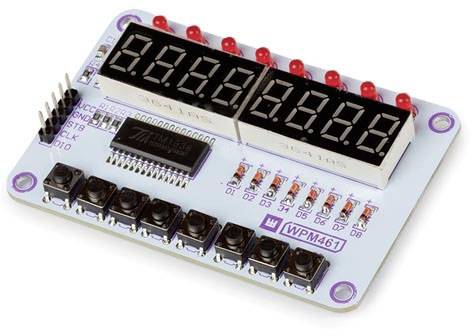 'An electronic circuit board with two seven-segment displays, several push buttons and a chip, used for digital display and control.'