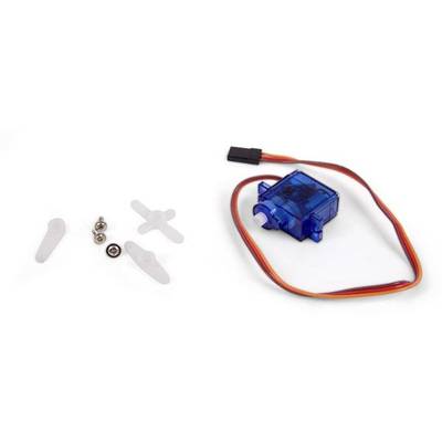 A blue servo motor with multiple mounting parts and screws, connected by a red-brown cable.