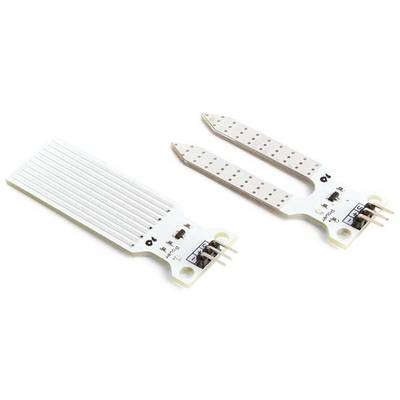 Two moisture sensors made of white material, one in a flat rectangular shape and one in a forked version, each with metal contacts.