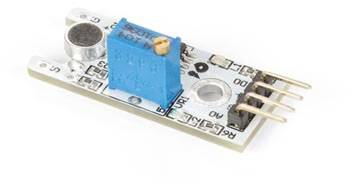 An electrical component with a microphone, blue potentiometer and multiple metal connections for use in electronic circuits.