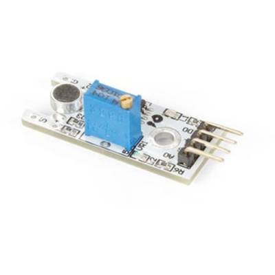 An electrical component with a microphone, blue potentiometer and multiple metal connections for use in electronic circuits.
