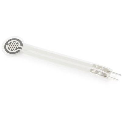 Flexible membrane potentiometer with two terminals, used for measuring touch or pressure in electronic projects.