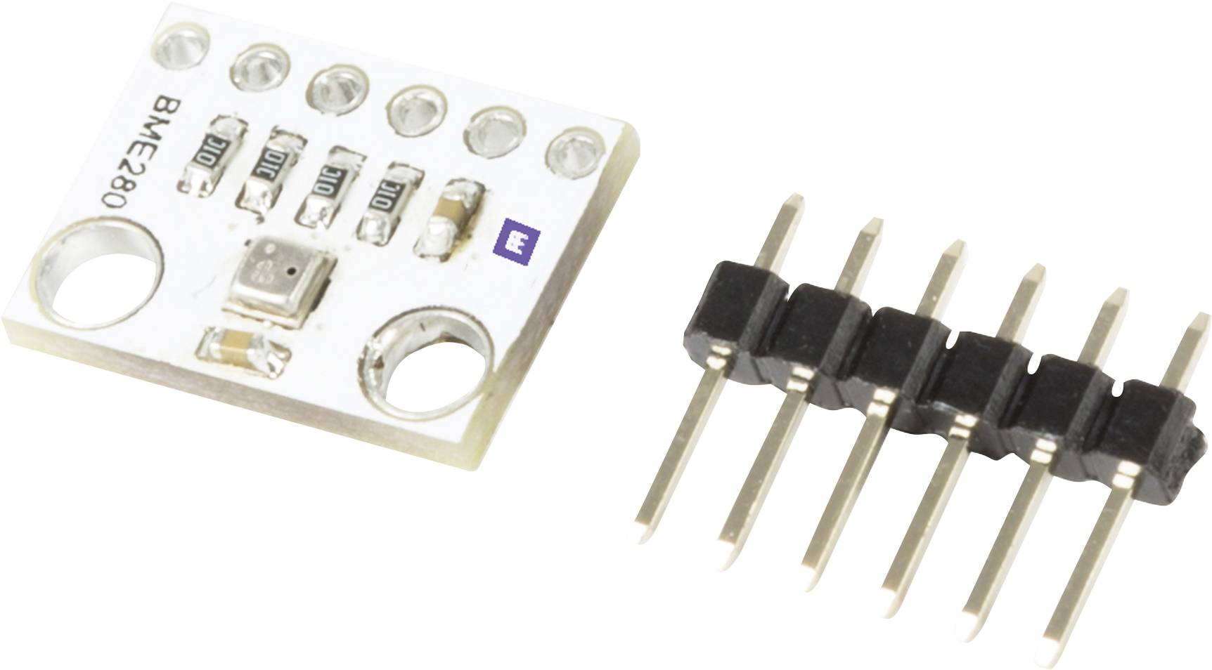 Sensor circuit board with BME280, showing four mounting pins. Rectangles and text on the board. Six pins beside it, ready for connection.