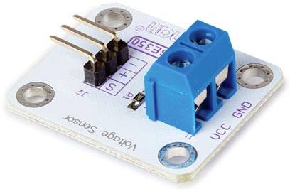 Voltage sensor module with blue terminal block and three pins on a white printed circuit board, for measuring electrical voltage.