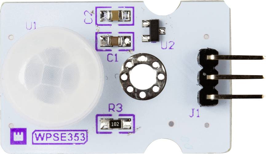 An electronic component with sensor elements, connections, and label 'WPSE353'.