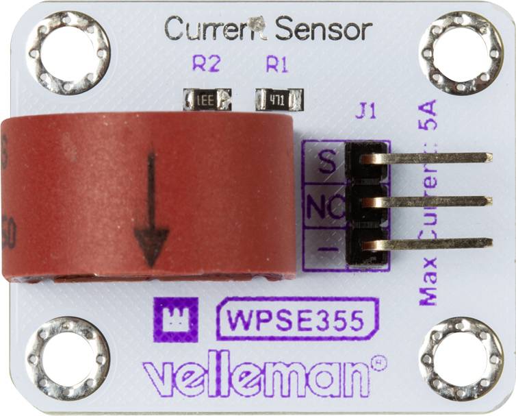 Current sensor module with red coil, Model WPSE355 by Velleman, supports up to 5 amperes.