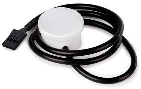 A black cable with a round, white sensor at one end and a multi-pin plug; possibly a piece of technical equipment accessory.