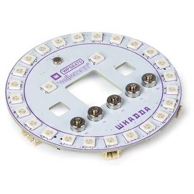 Round LED circuit board with 32 illuminating LEDs and metal components on a light background; electronic component by Whadda.
