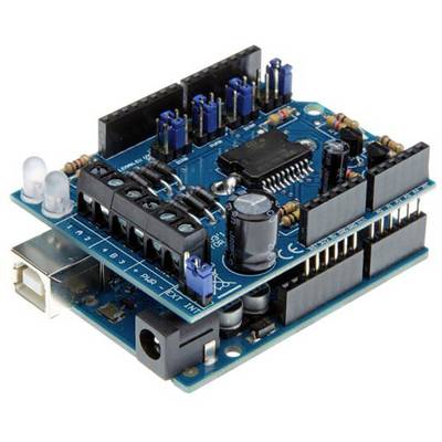 An Arduino shield with multiple pins, connectors and a microcontroller on a blue printed circuit board, designed to expand the capabilities of an Arduino board.