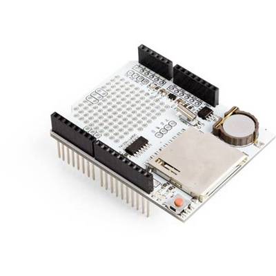 Electronic circuit board with multiple pin headers, a microSD card reader, and a volume control dial. Used for Arduino projects.