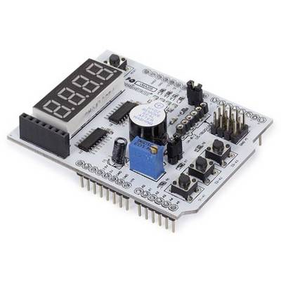 Electronic board with a digital display, buttons, and connectors. Primarily used for control and data display.