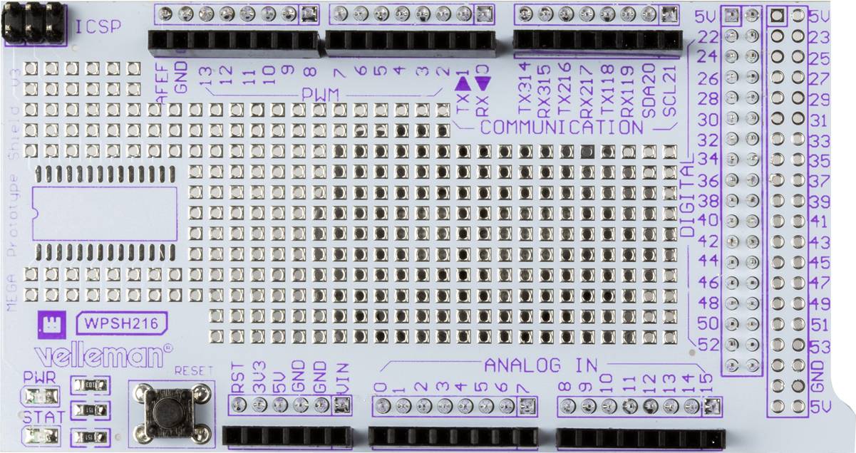 Printed circuit board, clearly marking designated areas for analogue inputs, communication, and power supply with pins and connectors.