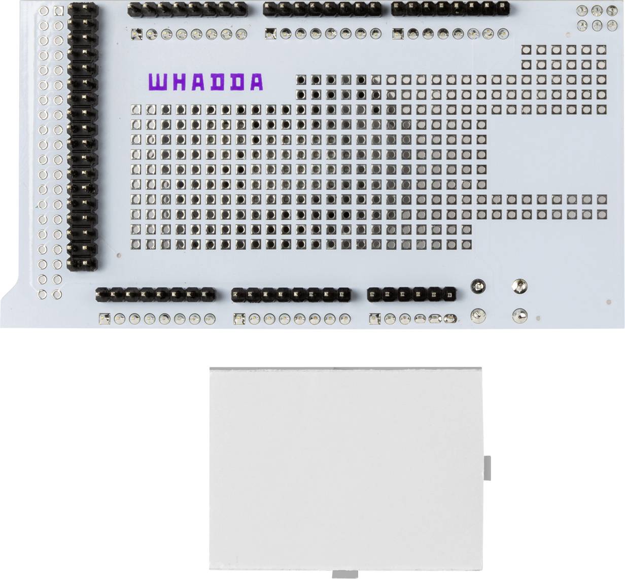 Microcontroller board with numerous pins and the 'Whadda' print. Beneath it, a white rectangular area.