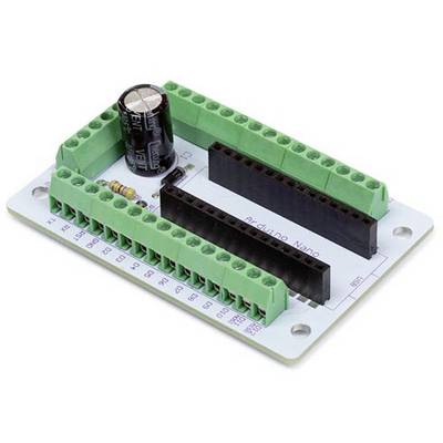 'Green expansion board for Arduino Nano with pin headers and capacitor, suitable for connecting circuits and sensors.'
