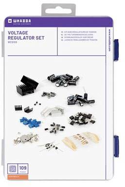 'Voltage Regulator Set WCS108' by Whadda, shows various electronic components such as heatsinks, capacitors and diodes.