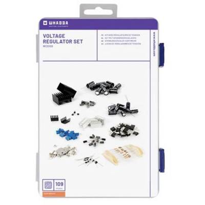 'Voltage Regulator Set WCS108' by Whadda, shows various electronic components such as heatsinks, capacitors and diodes.