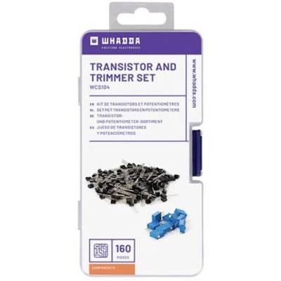 'Whaada Transistor and Trimmer Set, 160 Pieces, WCS104.' A white box containing components including transistors and potentiometers.